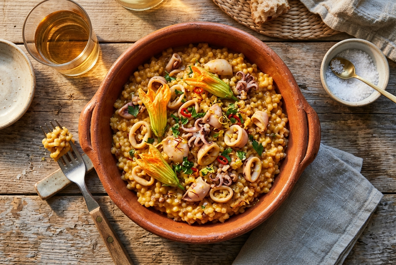 Fregula con calamari, fiori di zucca e zafferano